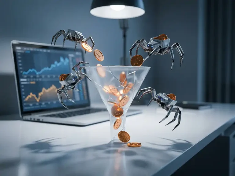 Rissiger Glastrichter verliert leuchtende Münzen an mechanische Spinnen-Bots, symbolisiert Ad-Budget-Verlust durch Click-Fraud.