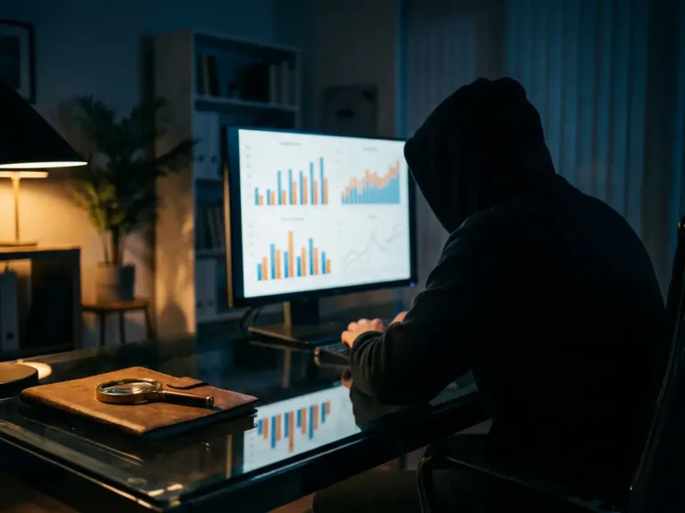 Silhouette einer Person vor leuchtendem Monitor mit Werbekampagnen-Grafiken, Lupe auf Glasschreibtisch, dramatisches Seitenlicht.